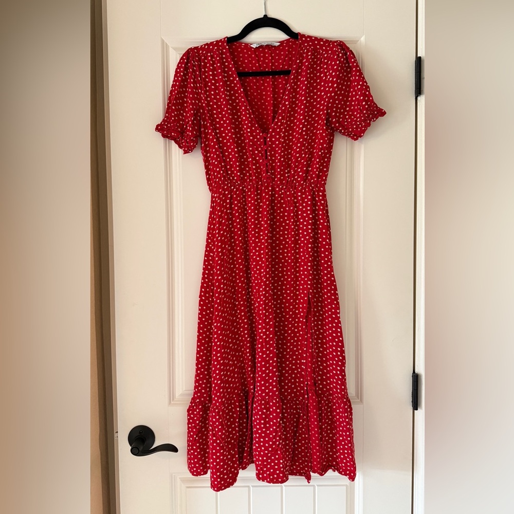 Zara Red and White Polka Dot Midi Dress